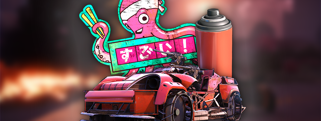 Image displaying contents of the "Supercharged" Crossout Pack - a car, spray paint, sticker, and more.